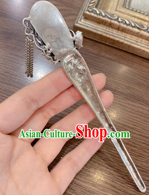 China Classical Silver Hair Stick Traditional Handmade Hairpin Jadeite Hair Accessories