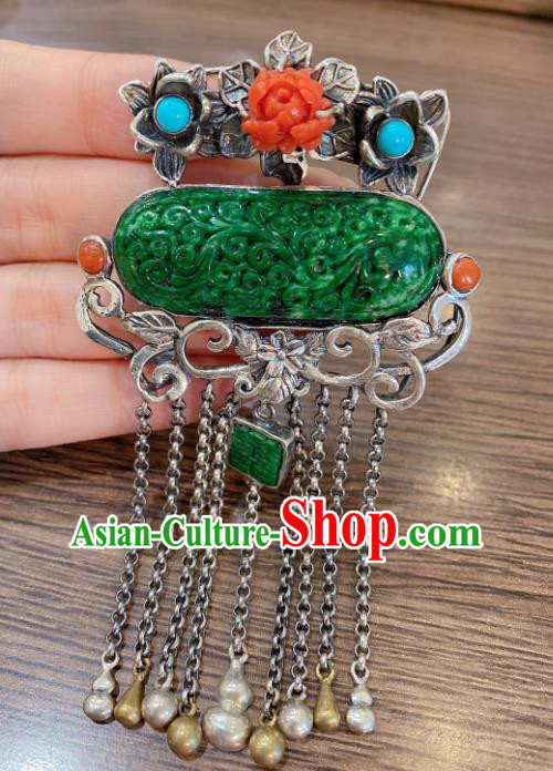 Handmade Chinese Traditional Agate Peony Necklace Accessories National Silver Tassel Jade Necklet Pendant