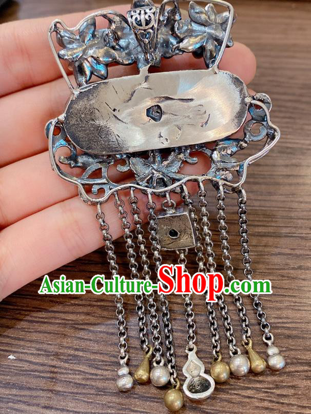 Handmade Chinese Traditional Agate Peony Necklace Accessories National Silver Tassel Jade Necklet Pendant
