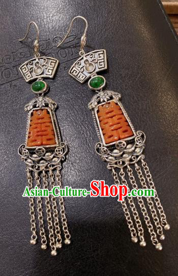 China Classical Silver Tassel Earrings Traditional Handmade Wedding Agate Ear Accessories