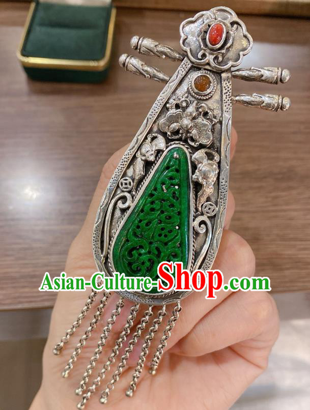 Handmade Chinese National Jade Carving Necklet Pendant Traditional Silver Lute Tassel Necklace Accessories