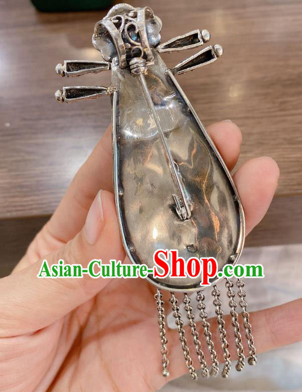 Handmade Chinese National Jade Carving Necklet Pendant Traditional Silver Lute Tassel Necklace Accessories