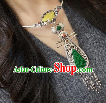 Handmade Chinese National Jade Carving Necklet Pendant Traditional Silver Lute Tassel Necklace Accessories