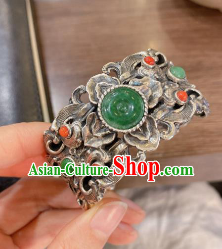 Handmade Chinese National Silver Carving Bangle Traditional Jadeite Accessories Bracelet