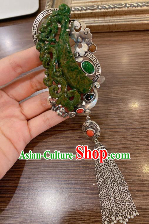 Handmade Chinese Traditional Silver Tassel Necklet Accessories National Jadeite Necklace Pendant
