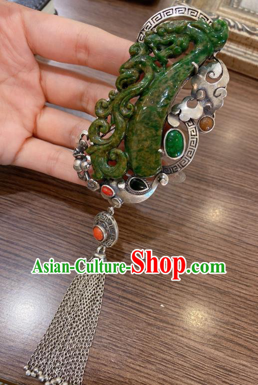 Handmade Chinese Traditional Silver Tassel Necklet Accessories National Jadeite Necklace Pendant