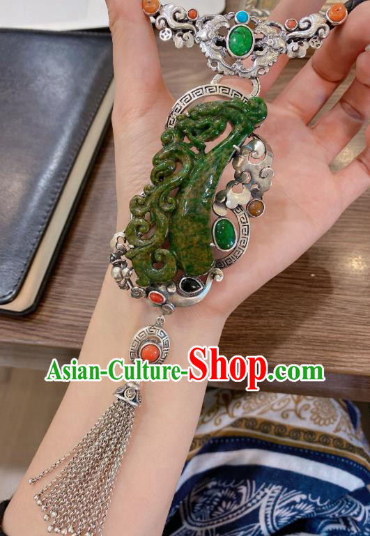 Handmade Chinese Traditional Silver Tassel Necklet Accessories National Jadeite Necklace Pendant