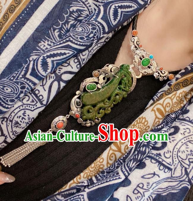 Handmade Chinese Traditional Silver Tassel Necklet Accessories National Jadeite Necklace Pendant