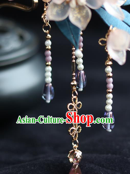 China Traditional Ming Dynasty Tassel Hairpin Classical Pink Flowers Hair Stick
