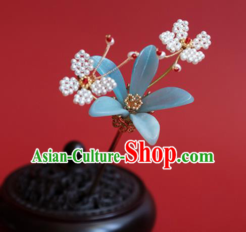 China Classical Hanfu Beads Butterfly Hair Stick Traditional Ming Dynasty Princess Blue Flower Hairpin