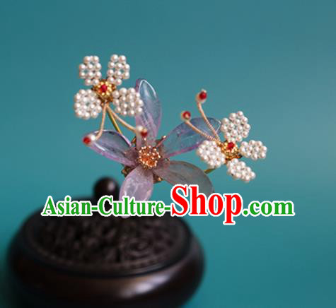 China Traditional Ming Dynasty Princess Lilac Flower Hairpin Classical Hanfu Beads Butterfly Hair Stick
