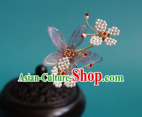 China Traditional Ming Dynasty Princess Lilac Flower Hairpin Classical Hanfu Beads Butterfly Hair Stick