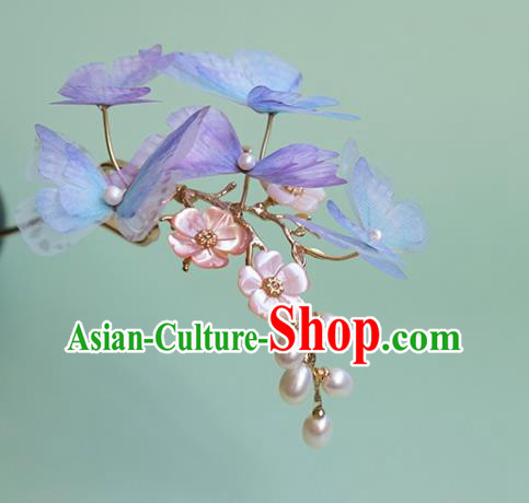 China Traditional Ming Dynasty Princess Hair Accessories Handmade Lilac Silk Butterfly Hairpin