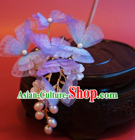 China Traditional Ming Dynasty Princess Hair Accessories Handmade Lilac Silk Butterfly Hairpin