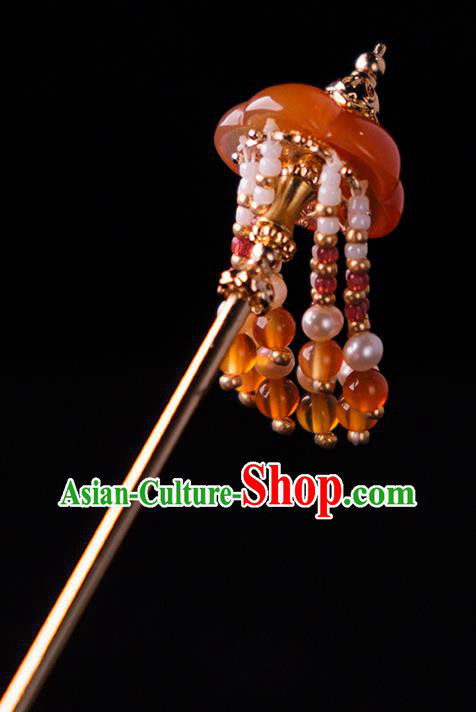 China Handmade Pearls Tassel Hairpin Traditional Ming Dynasty Princess Agate Hair Stick