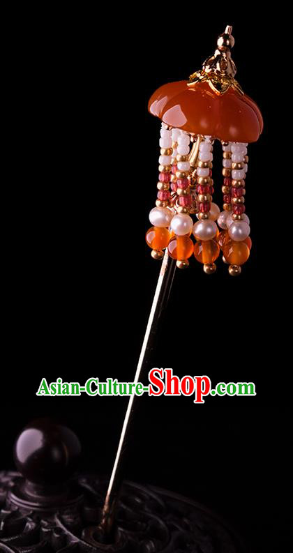 China Handmade Pearls Tassel Hairpin Traditional Ming Dynasty Princess Agate Hair Stick