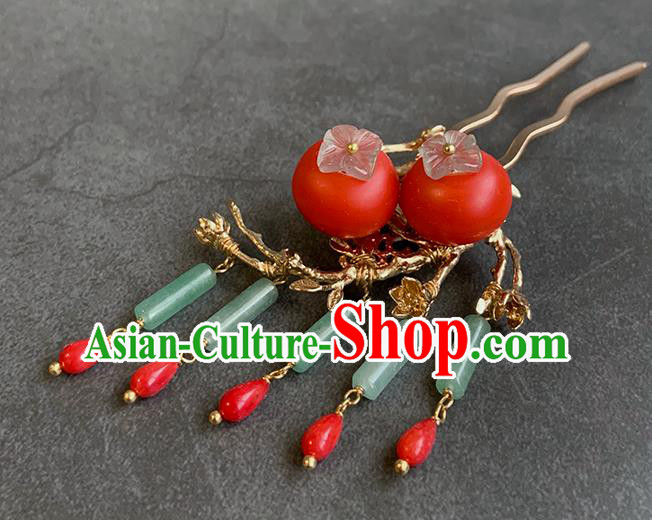 China Traditional Ming Dynasty Princess Tassel Hair Stick Handmade New Year Red Persimmon Hairpin