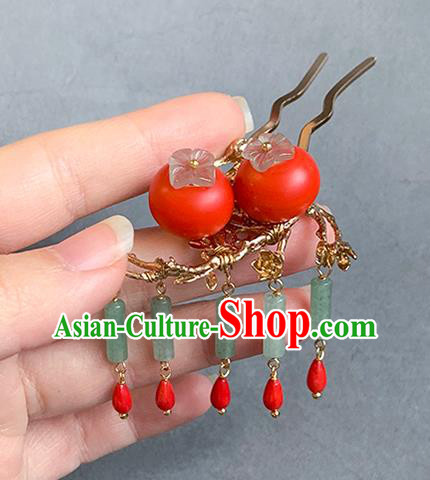 China Traditional Ming Dynasty Princess Tassel Hair Stick Handmade New Year Red Persimmon Hairpin