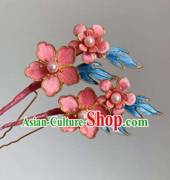 China Classical Velvet Hairpin Traditional Qing Dynasty Pink Plum Hair Stick