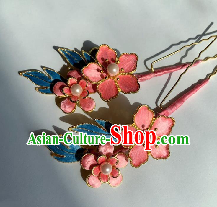 China Classical Velvet Hairpin Traditional Qing Dynasty Pink Plum Hair Stick