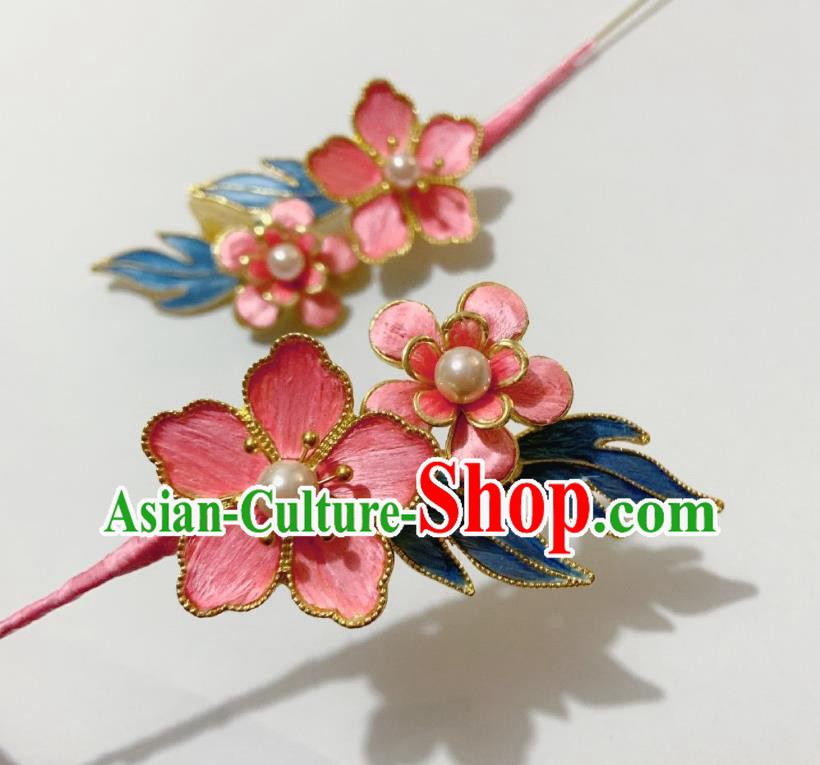 China Classical Velvet Hairpin Traditional Qing Dynasty Pink Plum Hair Stick