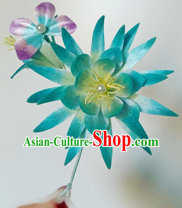 China Classical Blue Velvet Epiphyllum Hairpin Traditional Qing Dynasty Palace Lady Hair Stick