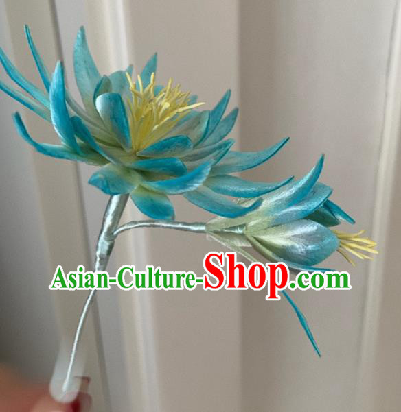 China Classical Blue Velvet Epiphyllum Hairpin Traditional Qing Dynasty Palace Lady Hair Stick