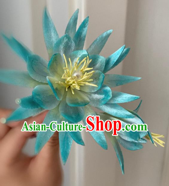 China Classical Blue Velvet Epiphyllum Hairpin Traditional Qing Dynasty Palace Lady Hair Stick
