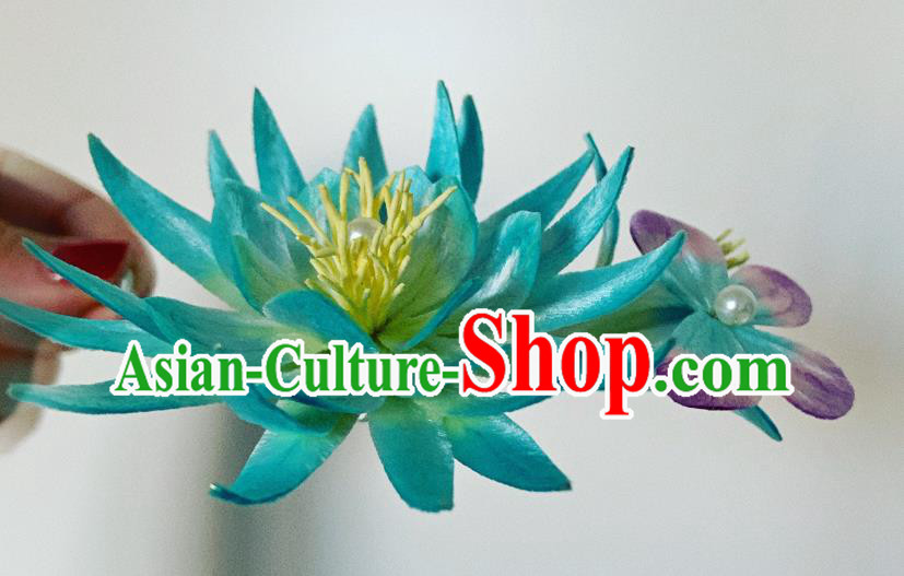 China Classical Blue Velvet Epiphyllum Hairpin Traditional Qing Dynasty Palace Lady Hair Stick