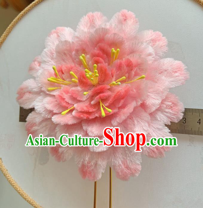 Traditional China Ancient Qing Dynasty Queen Hair Stick Classical Pink Velvet Peony Hairpin