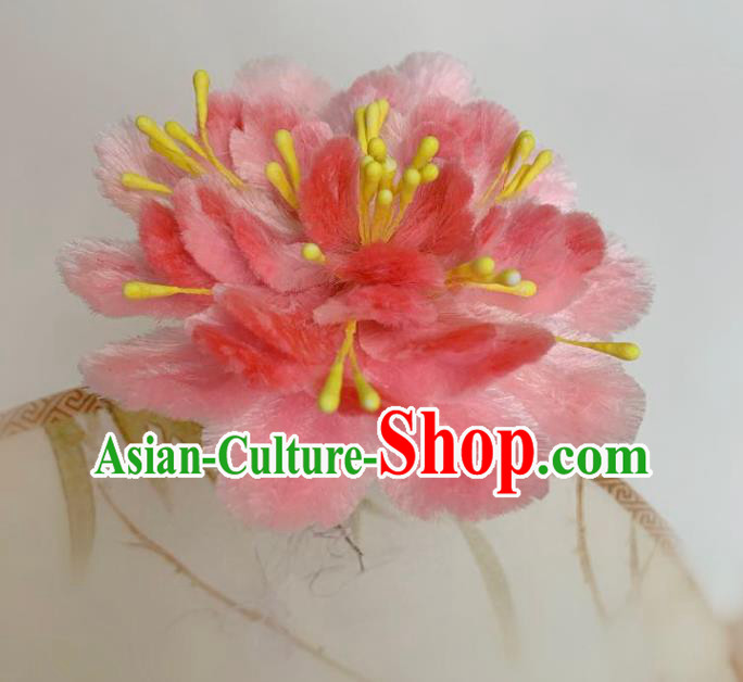 Traditional China Ancient Qing Dynasty Queen Hair Stick Classical Pink Velvet Peony Hairpin