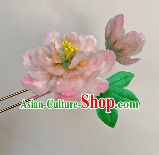 Traditional China Classical Pink Velvet Peony Hairpin Ancient Qing Dynasty Empress Hair Stick