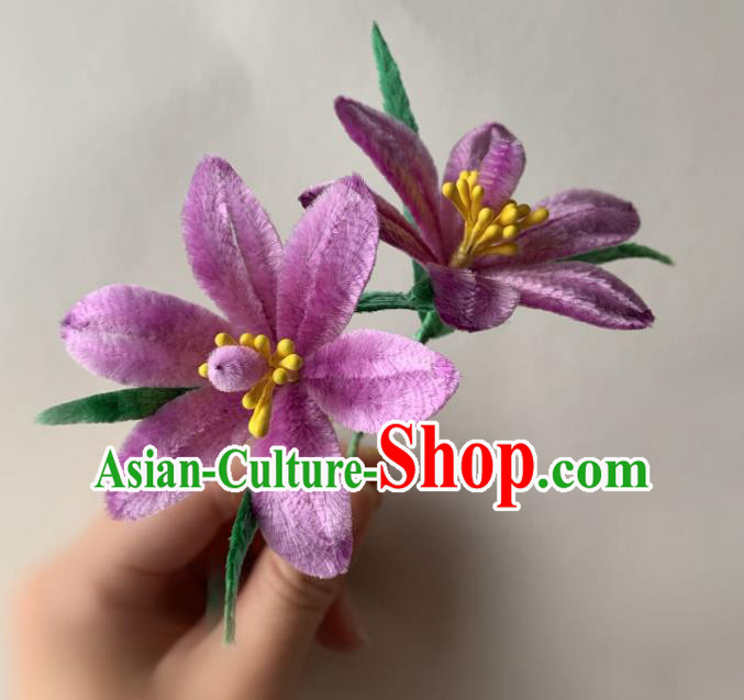 China Classical Violet Velvet Flowers Hairpin Ancient Traditional Qing Dynasty Court Woman Hair Stick