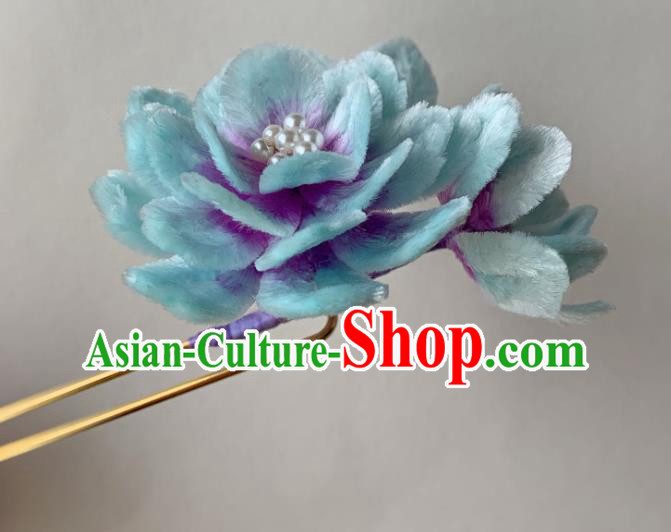 China Classical Blue Velvet Peony Hairpin Ancient Traditional Qing Dynasty Princess Hair Stick