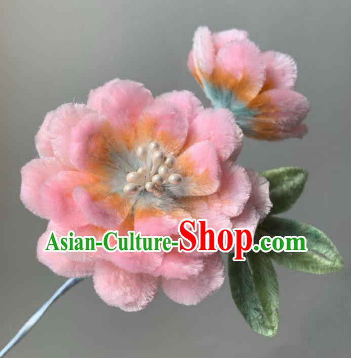 China Traditional Ancient Qing Dynasty Princess Hair Stick Classical Pink Velvet Peony Hairpin
