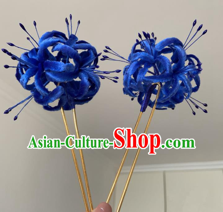 China Classical Blue Velvet Manjusaka Hairpin Traditional Qing Dynasty Accessories Hair Stick