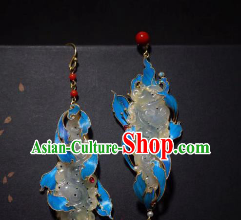 Chinese Ancient Qing Dynasty Blueing Ear Accessories Traditional Culture Jewelry Jade Earrings
