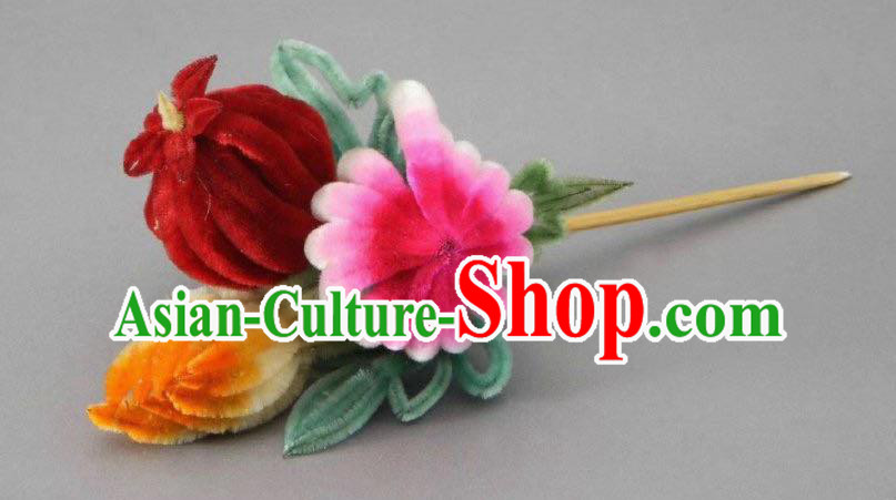 China Classical Velvet Chrysanthemum Hairpin Traditional Qing Dynasty Court Hair Stick