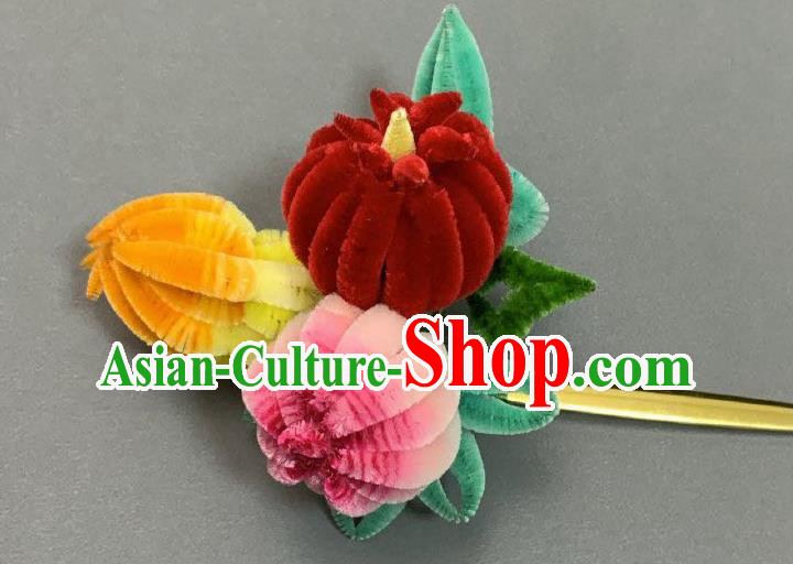 China Classical Velvet Chrysanthemum Hairpin Traditional Qing Dynasty Court Hair Stick