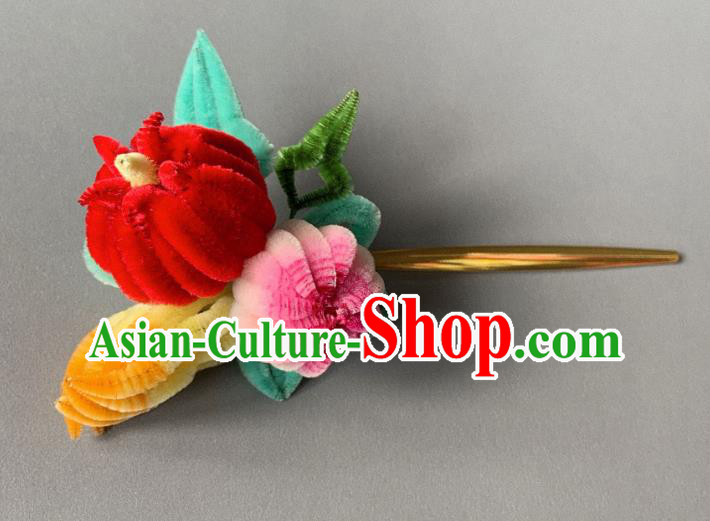 China Classical Velvet Chrysanthemum Hairpin Traditional Qing Dynasty Court Hair Stick
