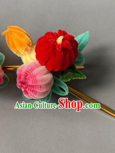 China Classical Velvet Chrysanthemum Hairpin Traditional Qing Dynasty Court Hair Stick