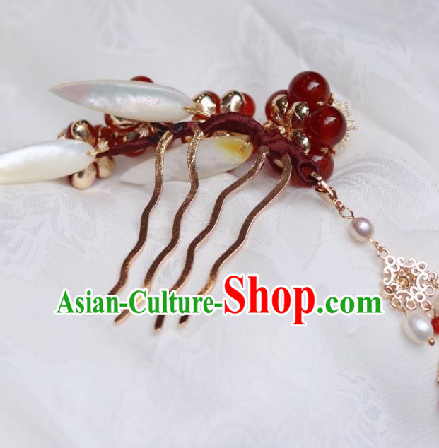 China Traditional Ming Dynasty Princess Red Plum Hair Comb Classical Hanfu Tassel Hairpin