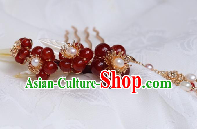 China Traditional Ming Dynasty Princess Red Plum Hair Comb Classical Hanfu Tassel Hairpin