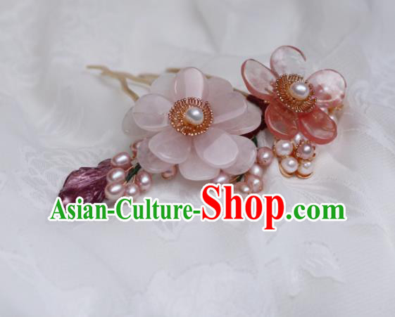 China Classical Hanfu Pearls Hairpin Traditional Ming Dynasty Princess Rose Quartz Flower Hair Comb