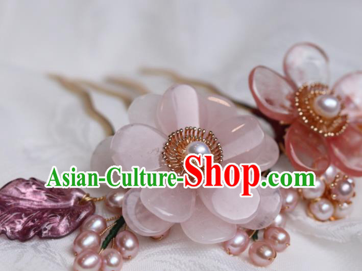 China Classical Hanfu Pearls Hairpin Traditional Ming Dynasty Princess Rose Quartz Flower Hair Comb