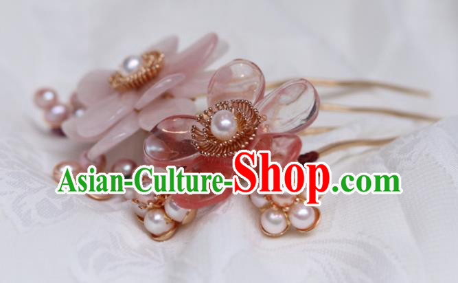 China Classical Hanfu Pearls Hairpin Traditional Ming Dynasty Princess Rose Quartz Flower Hair Comb