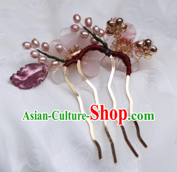 China Classical Hanfu Pearls Hairpin Traditional Ming Dynasty Princess Rose Quartz Flower Hair Comb