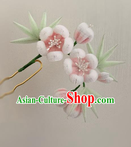 China Classical Pink Velvet Plum Hairpin Traditional Qing Dynasty Palace Lady Hair Stick