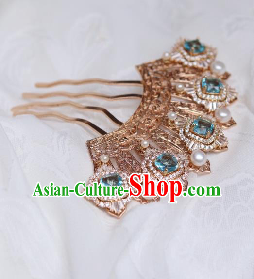 China Traditional Ming Dynasty Princess Hairpin Classical Hanfu Blue Zircon Hair Comb