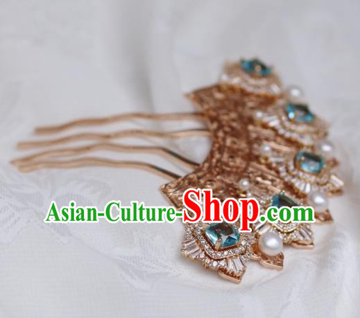 China Traditional Ming Dynasty Princess Hairpin Classical Hanfu Blue Zircon Hair Comb